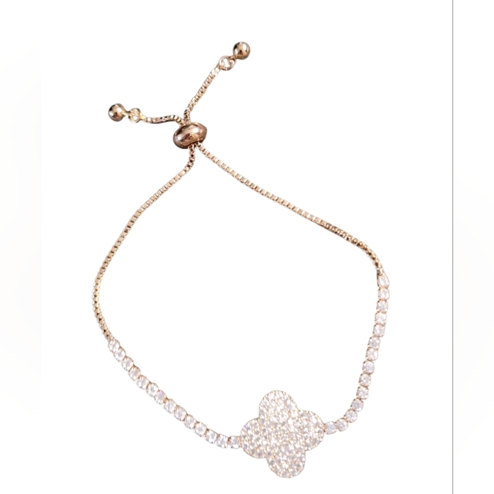 Pave' Crystal Clover Adjustable Goldtone Bracelet